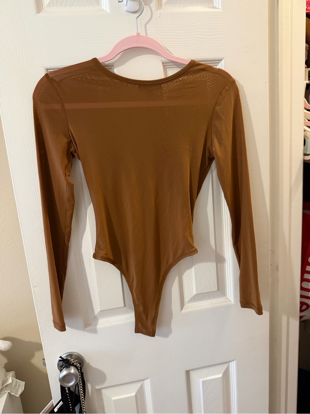 JLUXLABEL Brown Mesh Trim Long Sleeve Bodysuit
